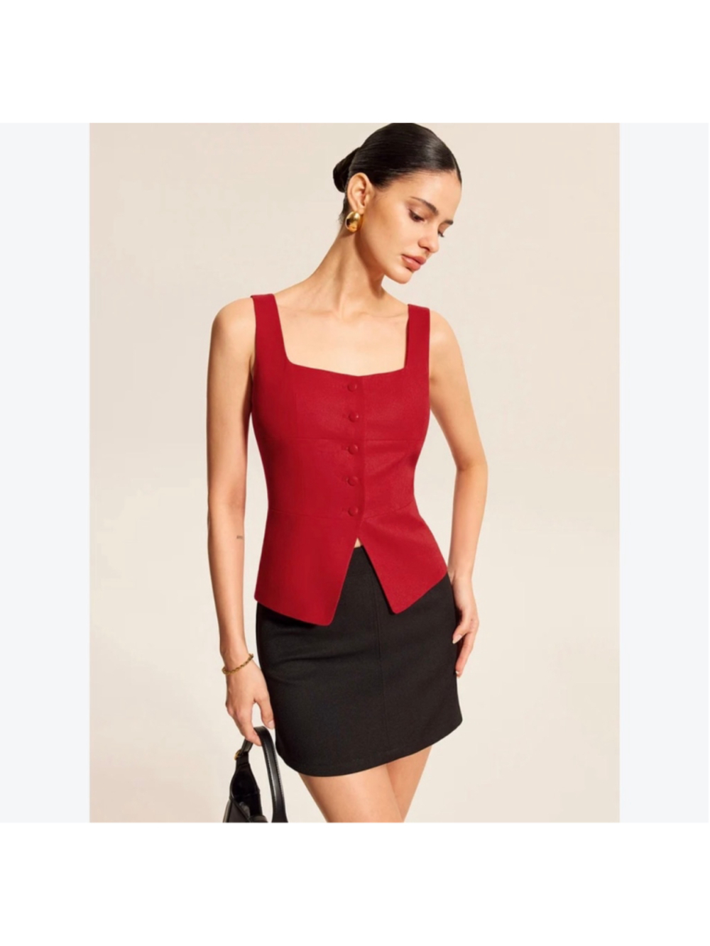 Commense Red Square Neck Button Front Tank Vest Small Linen Cotton Minimalist